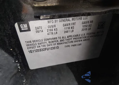 2015 Chevrolet Impala 2Lt from USA, damaged, VIN 1G1125S32FU103613